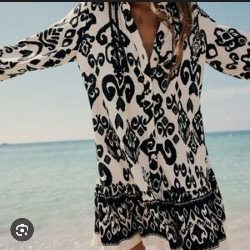 Zara Black and Ecru Printed Mini Dress